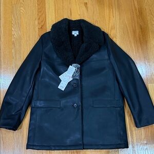Uniqlo x Ines De La Fressange Black Faux Leather Jacket with Shearling Collar